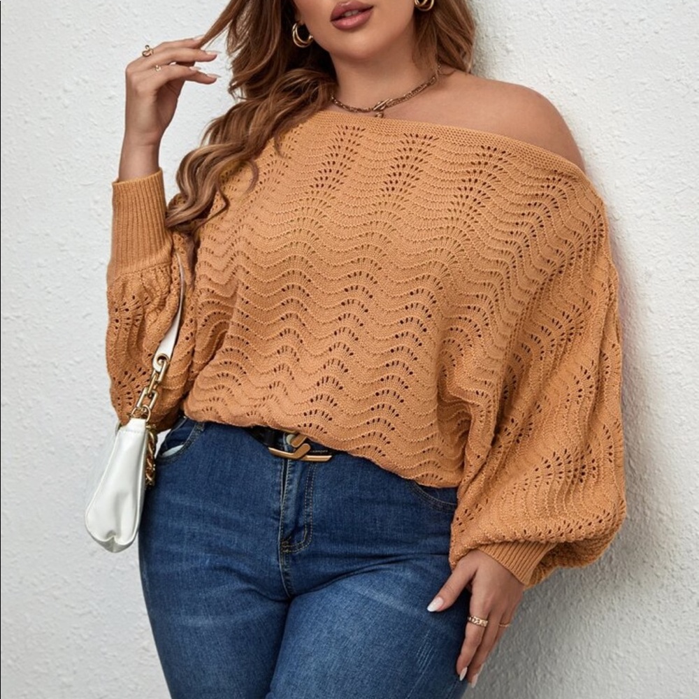 Plus Off Shoulder Asymmetrical Neck Batwing Cuff Sleeve Sweater Top - Picture 10 of 13